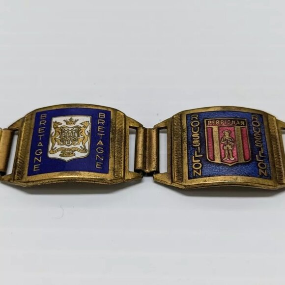 Vintage Souvenir BRACELET Enamel Coat Arms Regions WWII FRANCE PARIS NORMANDIE - Picture 5 of 5